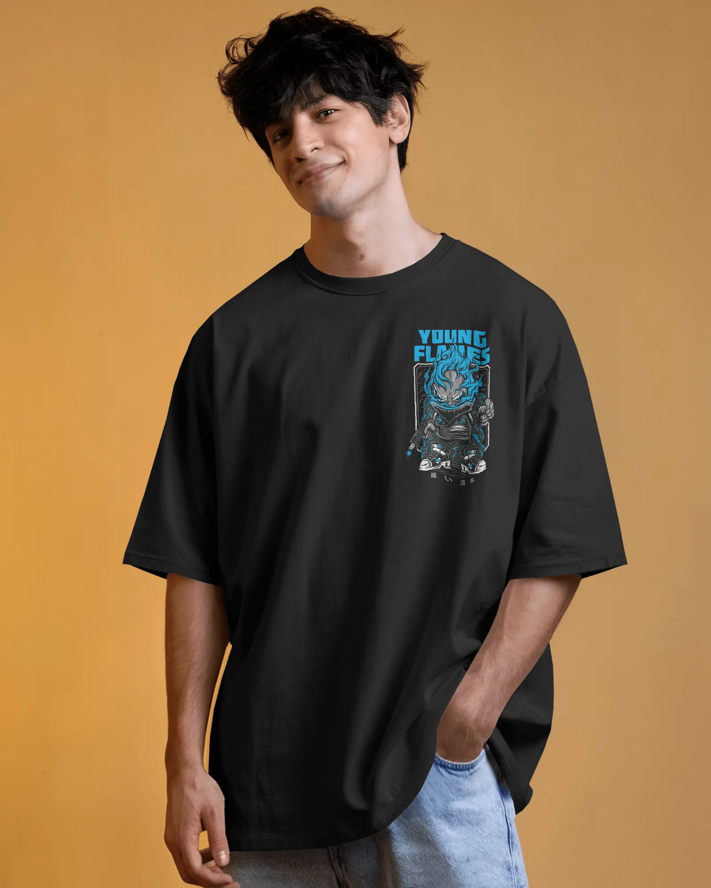 Young Flames – Oversized Graffiti Back Print T-Shirt | Heavy Cotton | Streetwear Down Shoulder Fit