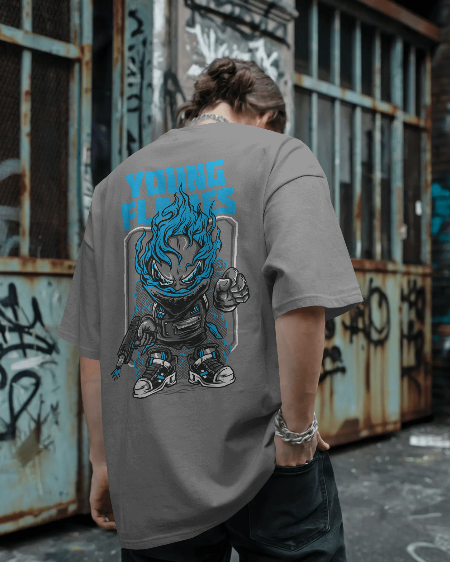 Young Flames – Oversized Graffiti Back Print T-Shirt | Heavy Cotton | Streetwear Down Shoulder Fit