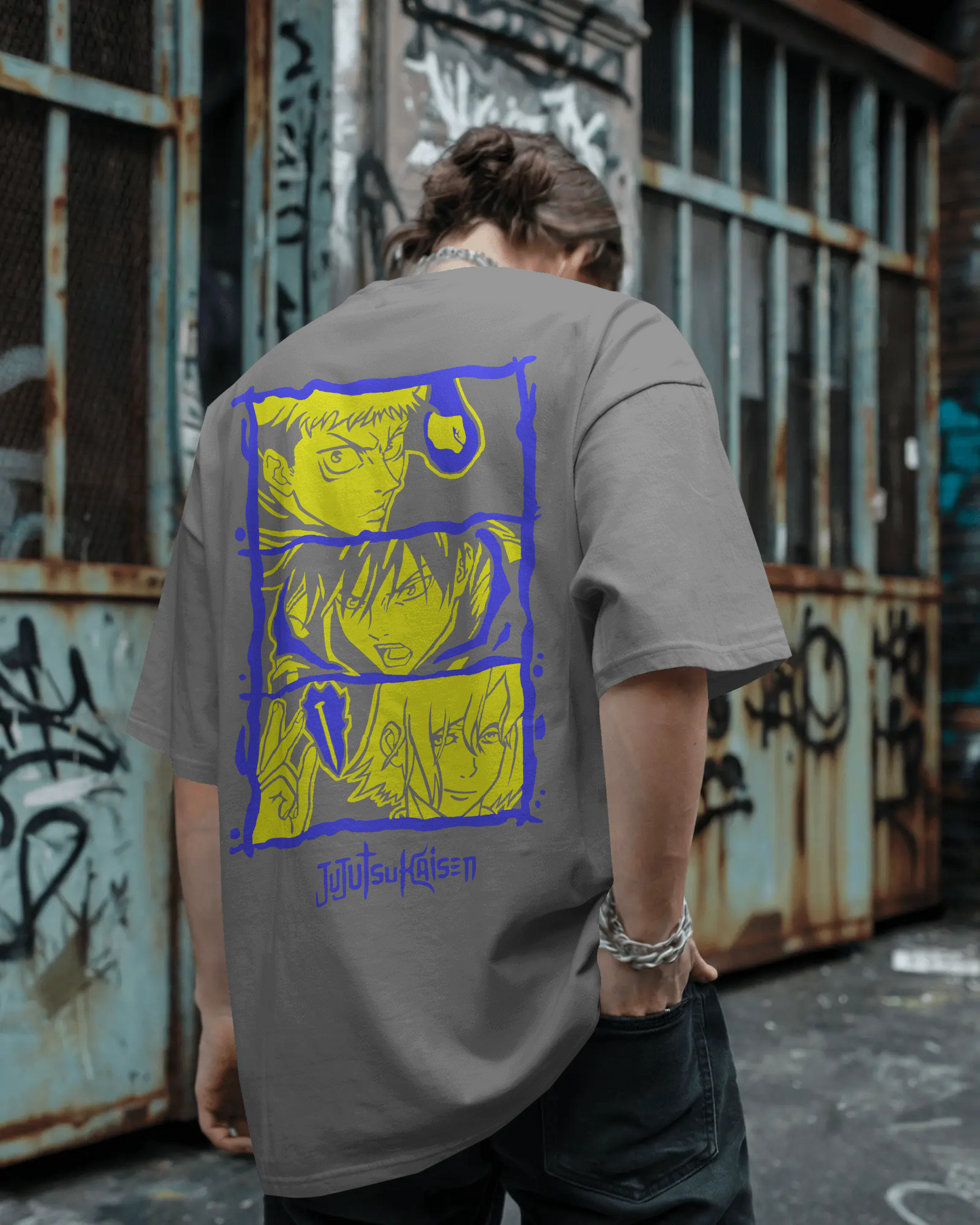 Yuji is Fearless, "JJK Anime Downshoulder T-Shirt – Black/Yellow Graphic".