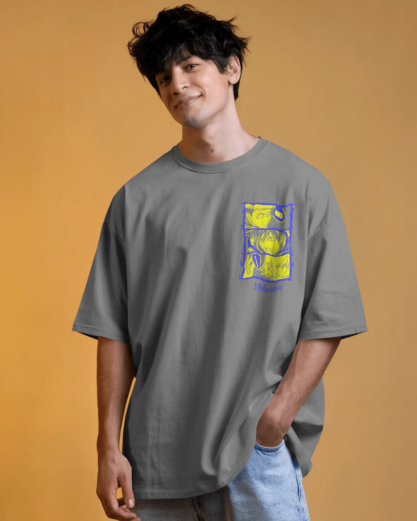 Yuji is Fearless, "JJK Anime Downshoulder T-Shirt – Black/Yellow Graphic".