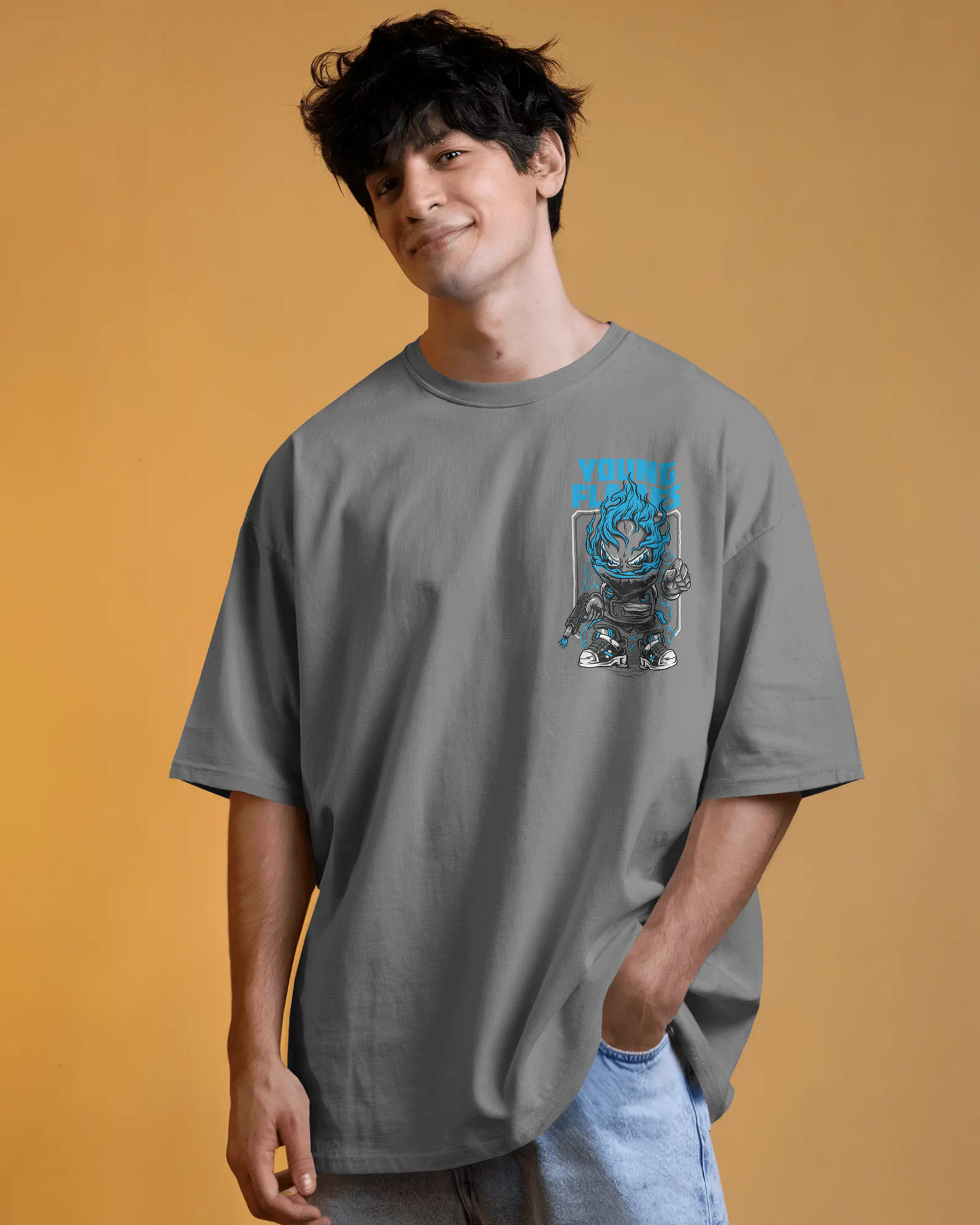 Young Flames – Oversized Graffiti Back Print T-Shirt | Heavy Cotton | Streetwear Down Shoulder Fit