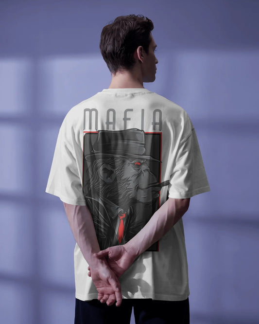 “MAFIA” Downshoulder Cream Oversized Tee - 100% Cotton