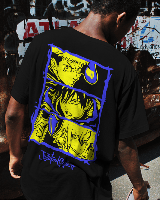 Yuji is Fearless, "JJK Anime Downshoulder T-Shirt – Black/Yellow Graphic".