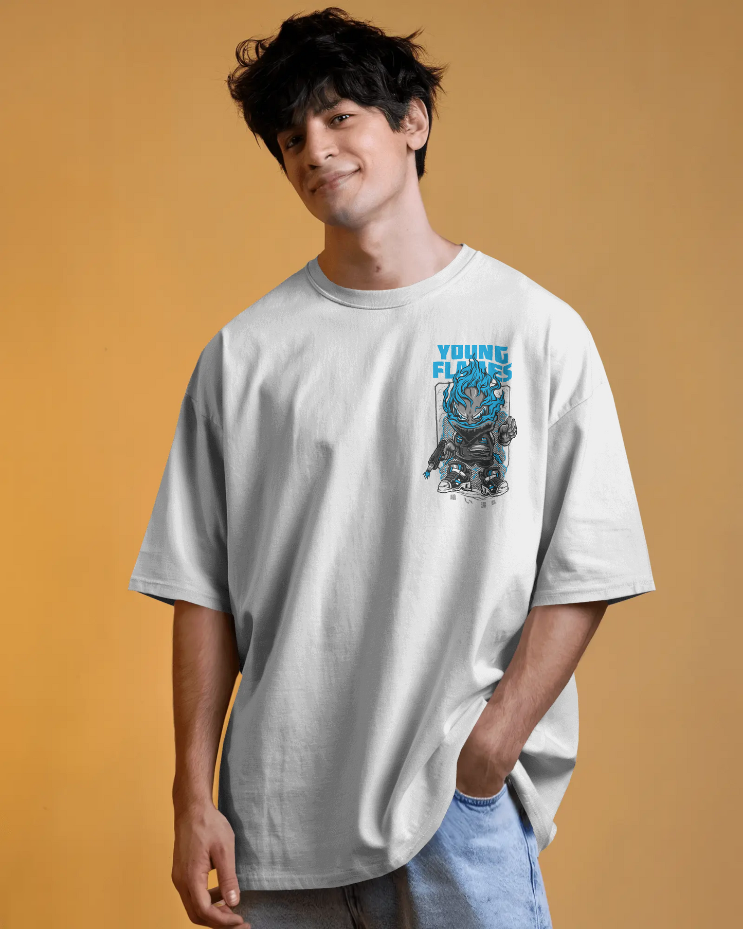 Young Flames – Oversized Graffiti Back Print T-Shirt | Heavy Cotton | Streetwear Down Shoulder Fit