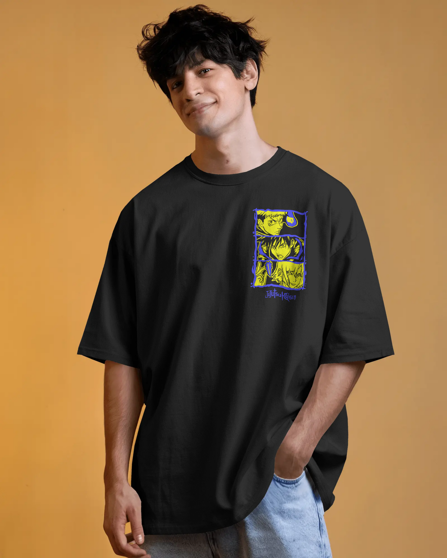 Yuji is Fearless, "JJK Anime Downshoulder T-Shirt – Black/Yellow Graphic".