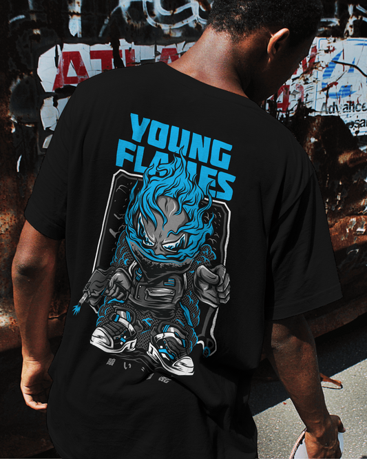 Young Flames – Oversized Graffiti Back Print T-Shirt | Heavy Cotton | Streetwear Down Shoulder Fit