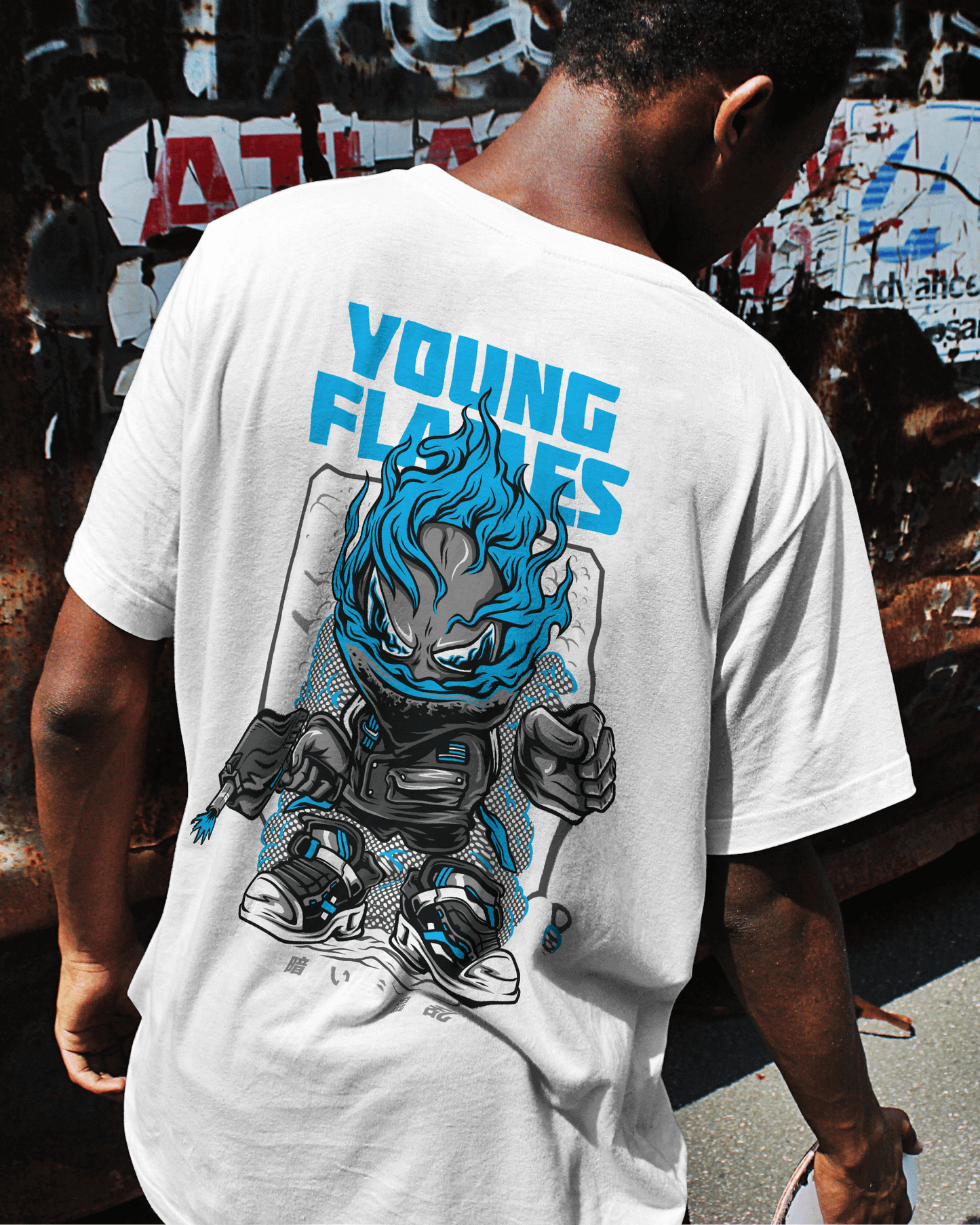 Young Flames – Oversized Graffiti Back Print T-Shirt | Heavy Cotton | Streetwear Down Shoulder Fit