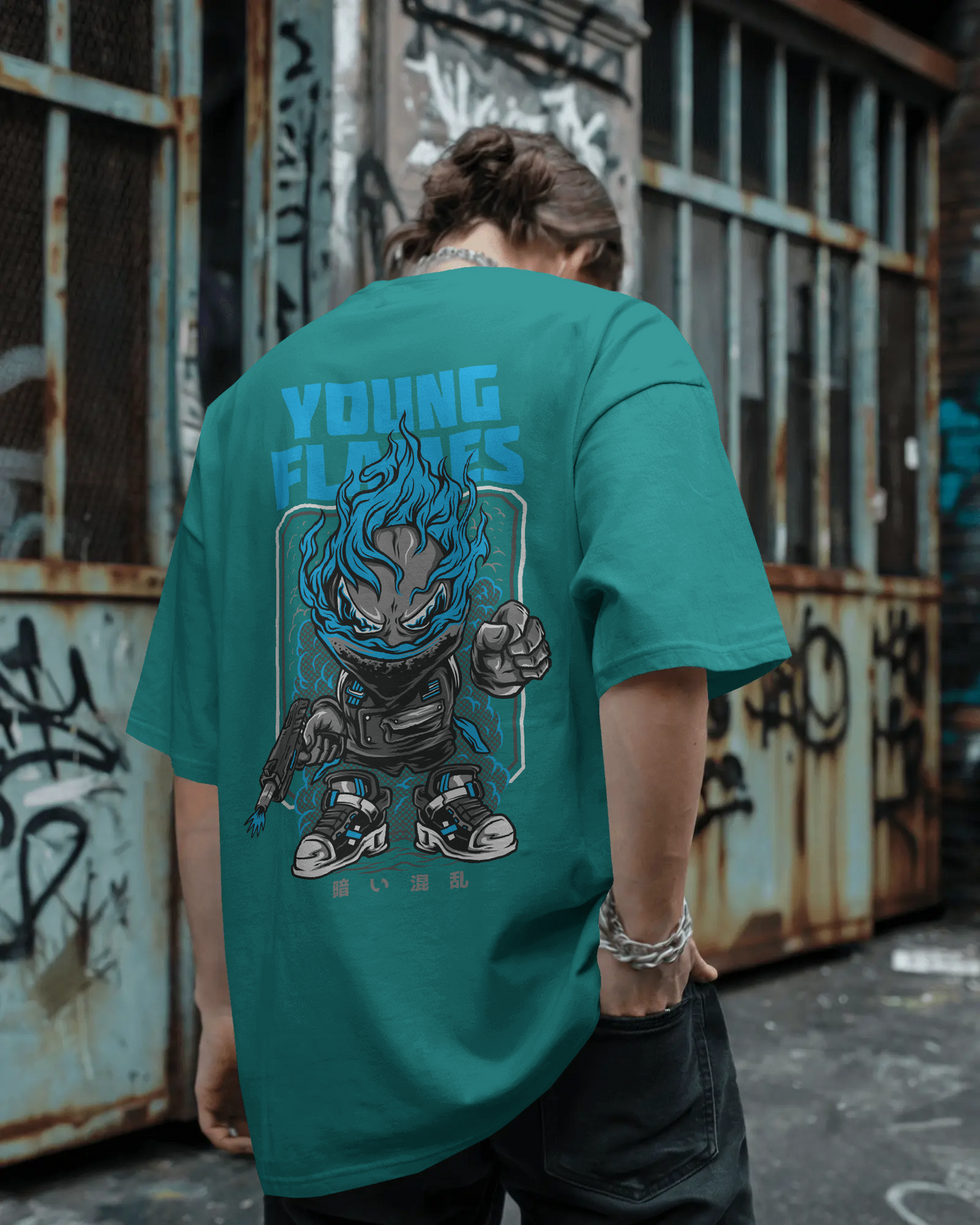 Young Flames – Oversized Graffiti Back Print T-Shirt | Heavy Cotton | Streetwear Down Shoulder Fit