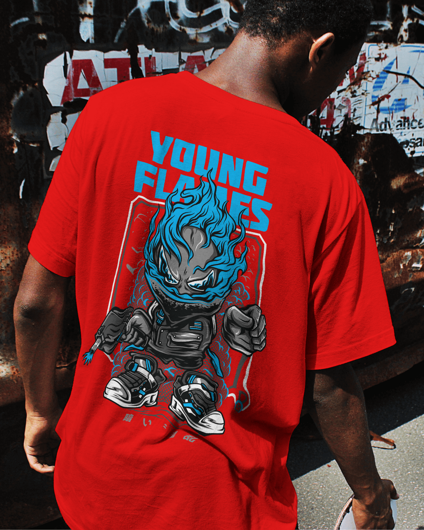 Young Flames – Oversized Graffiti Back Print T-Shirt | Heavy Cotton | Streetwear Down Shoulder Fit